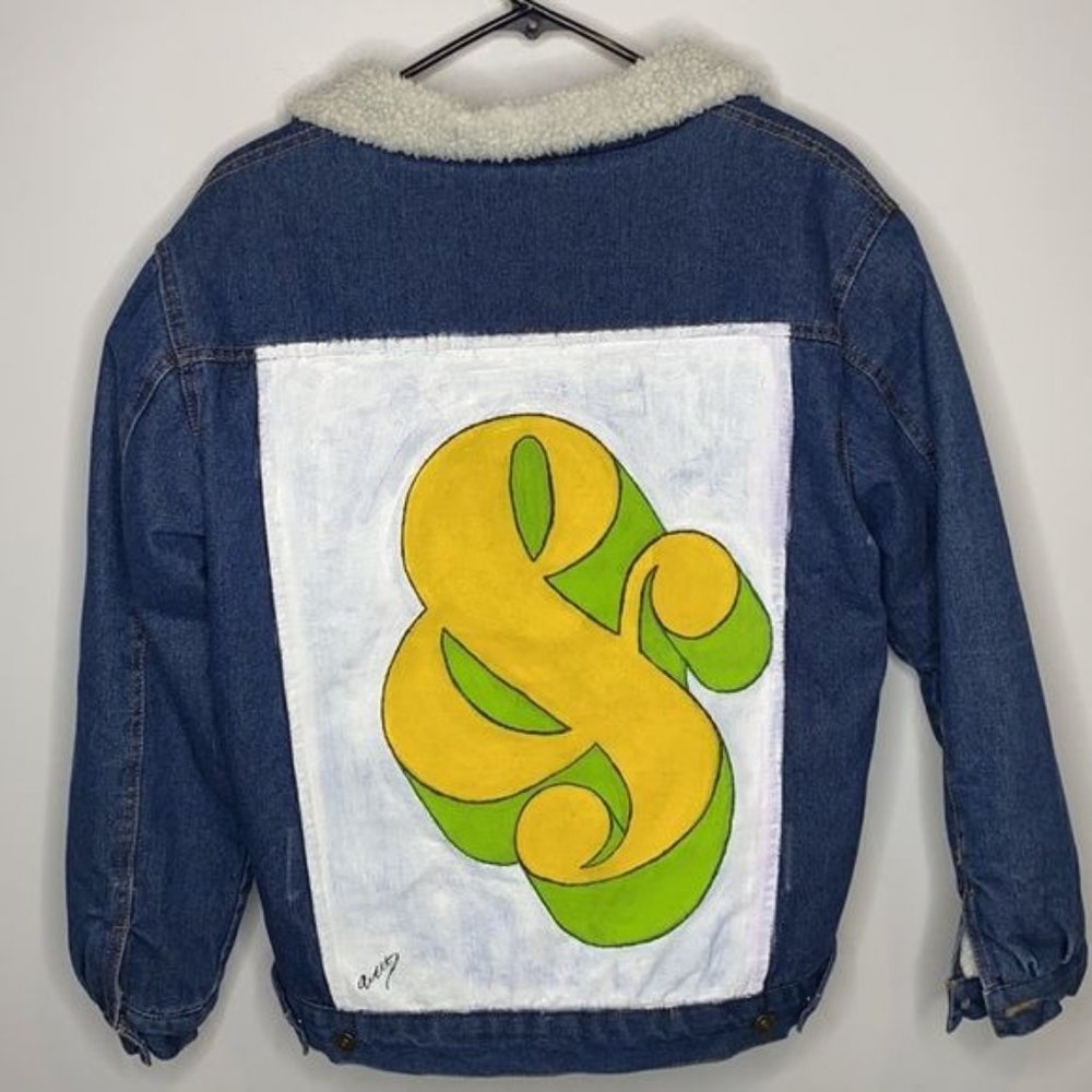 Zara Women’s Sherpa Lined Denim Jacket With Painted Design: Size Extra Large